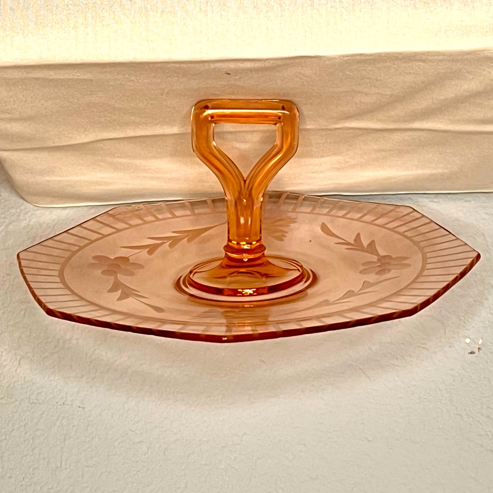 Pink Depression Glass Octagon Dessert Tray approx 10.5” flowers butterfly etched